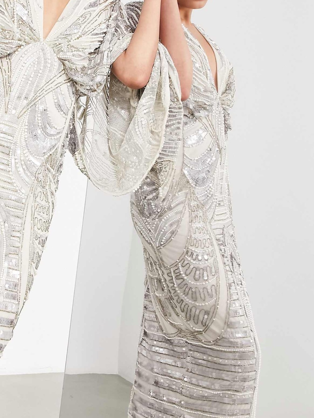 ASOS Pearl-Embellished Silver White Kimono Sleeve Midi Dress - Picture 5 of 6